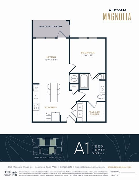 Floor plan for 1 bed, 1 bath, 763 sqft